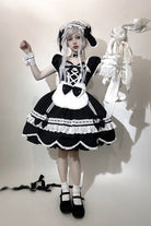Black [Petal Bunny] Cotton Square Collar Short Sleeves Double-Layered Ruffled Bow Lace Lace-Up Sweet Lolita Dress