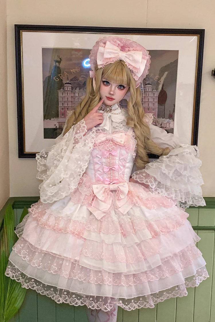 Pink/White [Love Overture] Multi-Layered Ruffle Bowknot Lace Sweet Lolita Jsk Dress