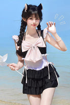 Black/Pink Summer Sweetheart Triple-Layered Ruffled Bow Sweet Lolita Bubble Swimsuit