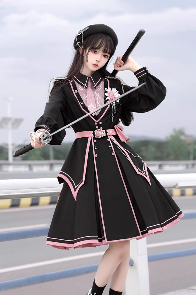Black/Pink Long Sleeves Ruffle Gothic Military Elegant Princess Lolita Dress