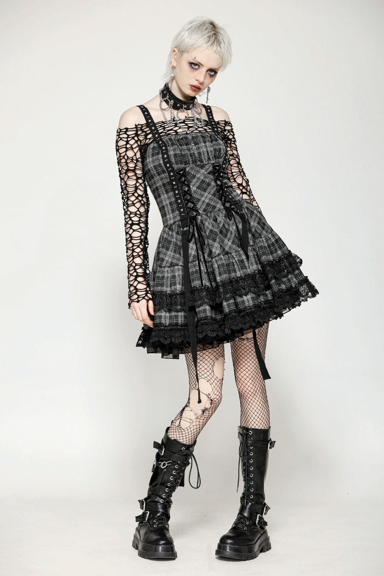 Grey Sleeveless Layered Lace Hem Plaid Women's Punk Party Slip Dress Graduation Dress