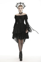 Black Off Shoulder Long Trumpet Puff Sleeves Lace-Up Strappy Mesh Women's Gothic Cocktail Dress