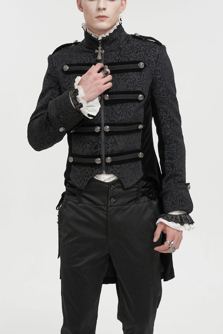 Black Silk Stand Collar Printed Metal Breasted Cross Zipper Back Slit Vintage Men's Gothic Jacket