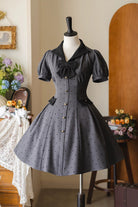 Grey [Forest Boulotty] Lapel Collar Short Sleeves Heart-Shaped Polka Dot Printed Bow Sweet Lolita Dress