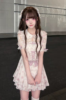 [Rose Letter] Peter Pan Collar Short Sleeves Double-Layered Printed Ruffled Open-Front Lace-Up Sweet Jirai Kei Dress Set 2 Colors