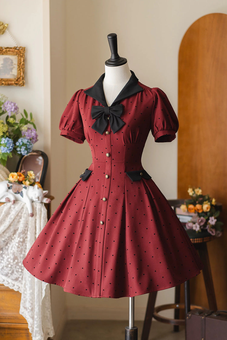Red [Forest Boulotty] Lapel Collar Short Sleeves Heart-Shaped Polka Dot Printed Bow Sweet Lolita Dress