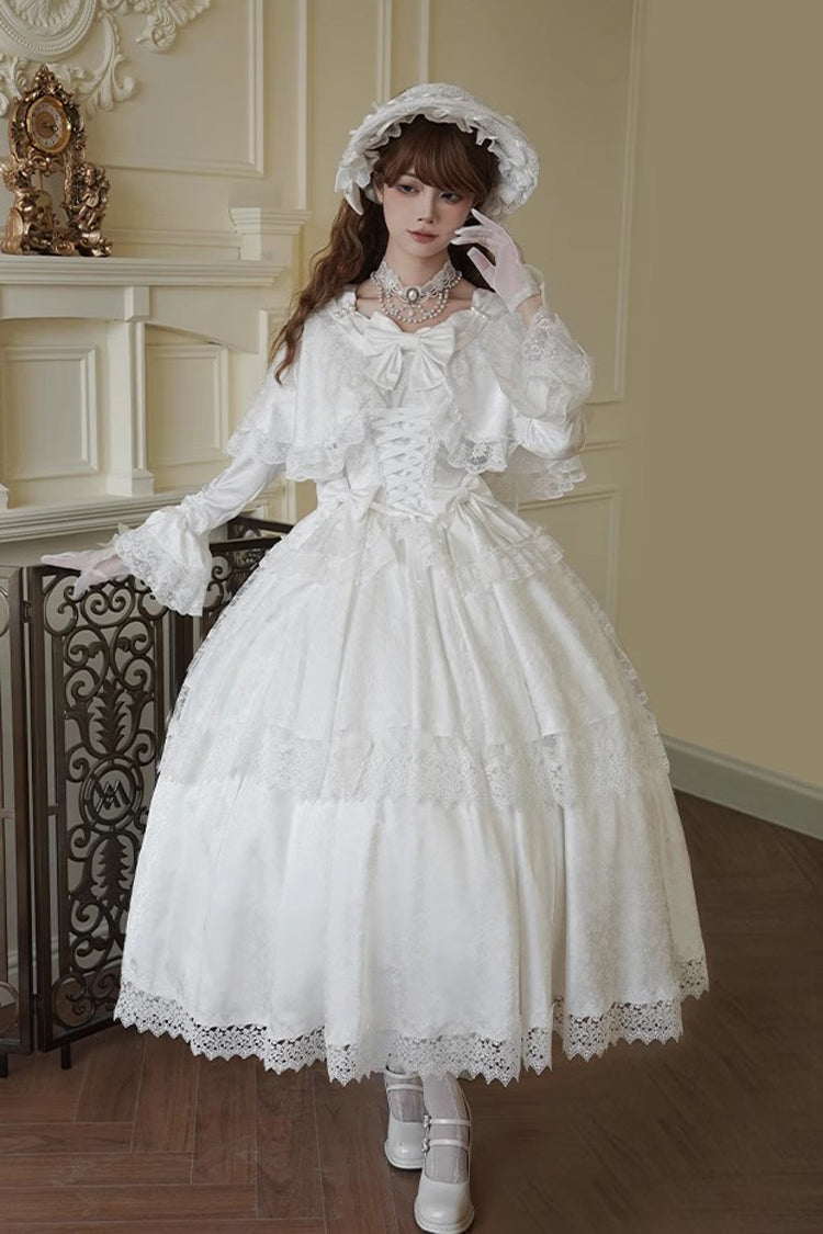 White [Cherish] Long Trumpet Sleeves Ruffle Hanayome Bowknot Lace-Up Sweet Lolita Dress