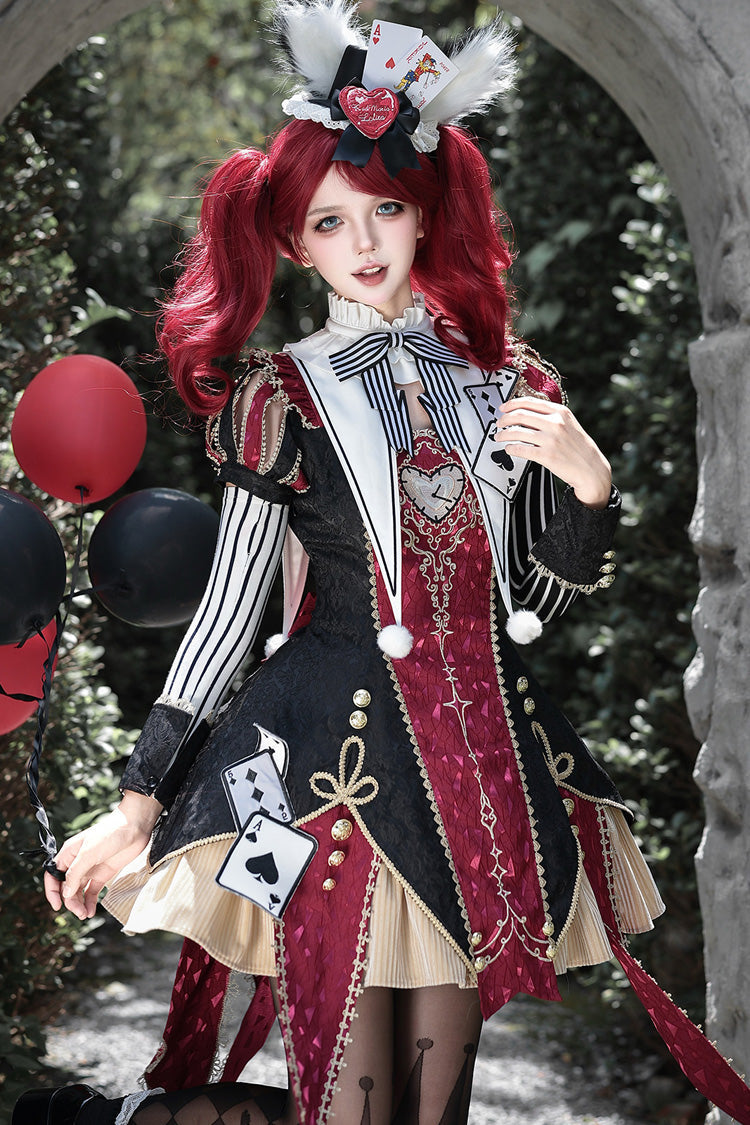 Black/Red [Circus Fantasy Night] Stand Collar Long Sleeves Jacquard Bow Gothic Lolita Dress Set
