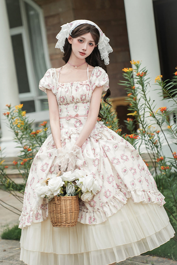 Ivory [Rose After The Rain] Short Sleeves Triple-Layered Print Ruffle Bowknot Lace-Up Sweet Lolita Long Dress
