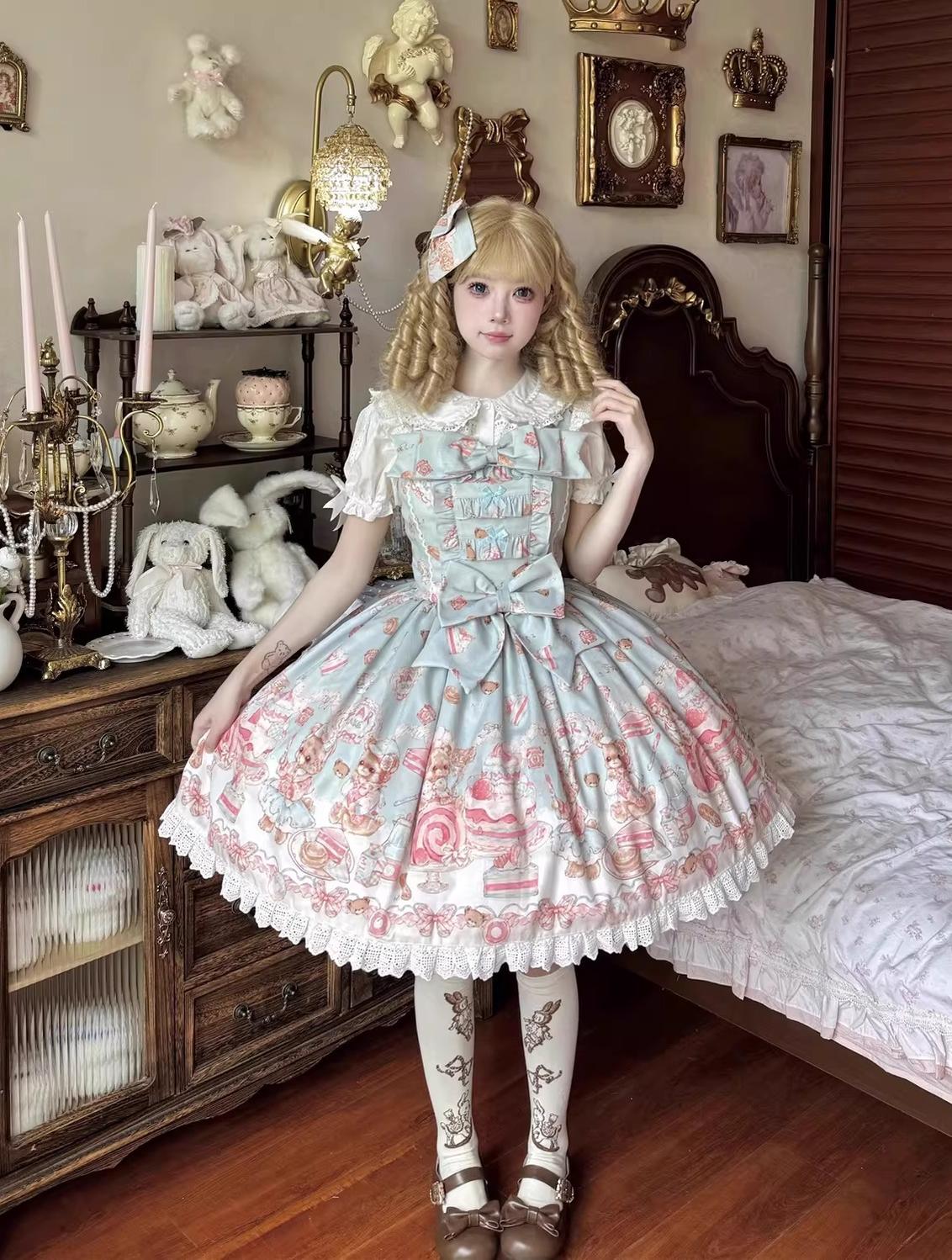 Strawberry Dessert Bear - Kawaii Lolita JSK, Bear and Dessert Print
