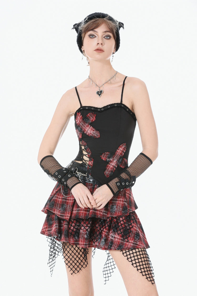 Black Strap Off Shoulder Asymmetric Side Lace-Up Eyelet Women's Punk Plaid Cross Bustier