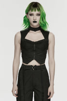 Black Sleeveless Cut-Out Studded Mechanical Women's Punk Tank Top