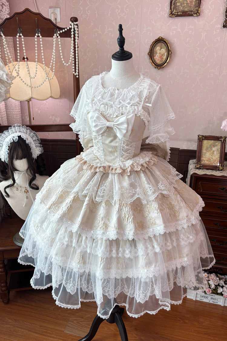 Yellow [Moonlight Woven Flower Box] Square Collar Multi-Layered Ruffled Hanayome Embroidered Bow Lace Sweet Plus Size Lolita Jsk Dress Set