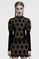 Coffee Long Puff Sleeves Print Embroidery Women's Gothic Blouse