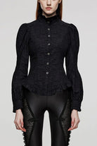 Black Stand Collar Long Puff Sleeves Ruffle Womens Gothic Blouse