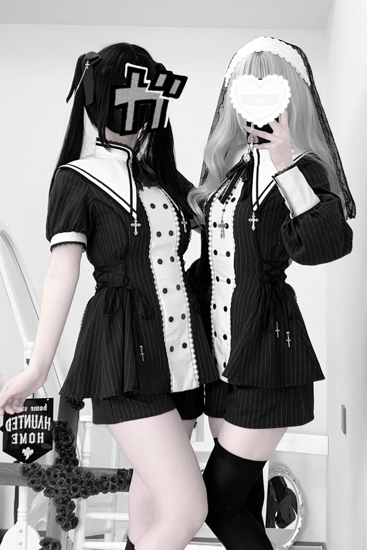 Black/White [Offbeat Confession] Long Short Sleeves Printed Ruffled Bow Gothic Jirai Kei Japanese Dress and Shorts Set