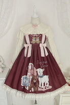 Wine Sheep & Bear Print Alice Girl Bowknot Ruffled Sweet Lolita JSK Dress