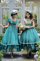 Blue/Green [Water Lily] Square Collar Ruffled Lace-Up Sweet Royal Lolita Dress 2 Versions