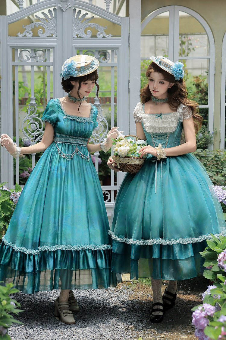 Blue/Green [Water Lily] Square Collar Ruffled Lace-Up Sweet Royal Lolita Dress 2 Versions