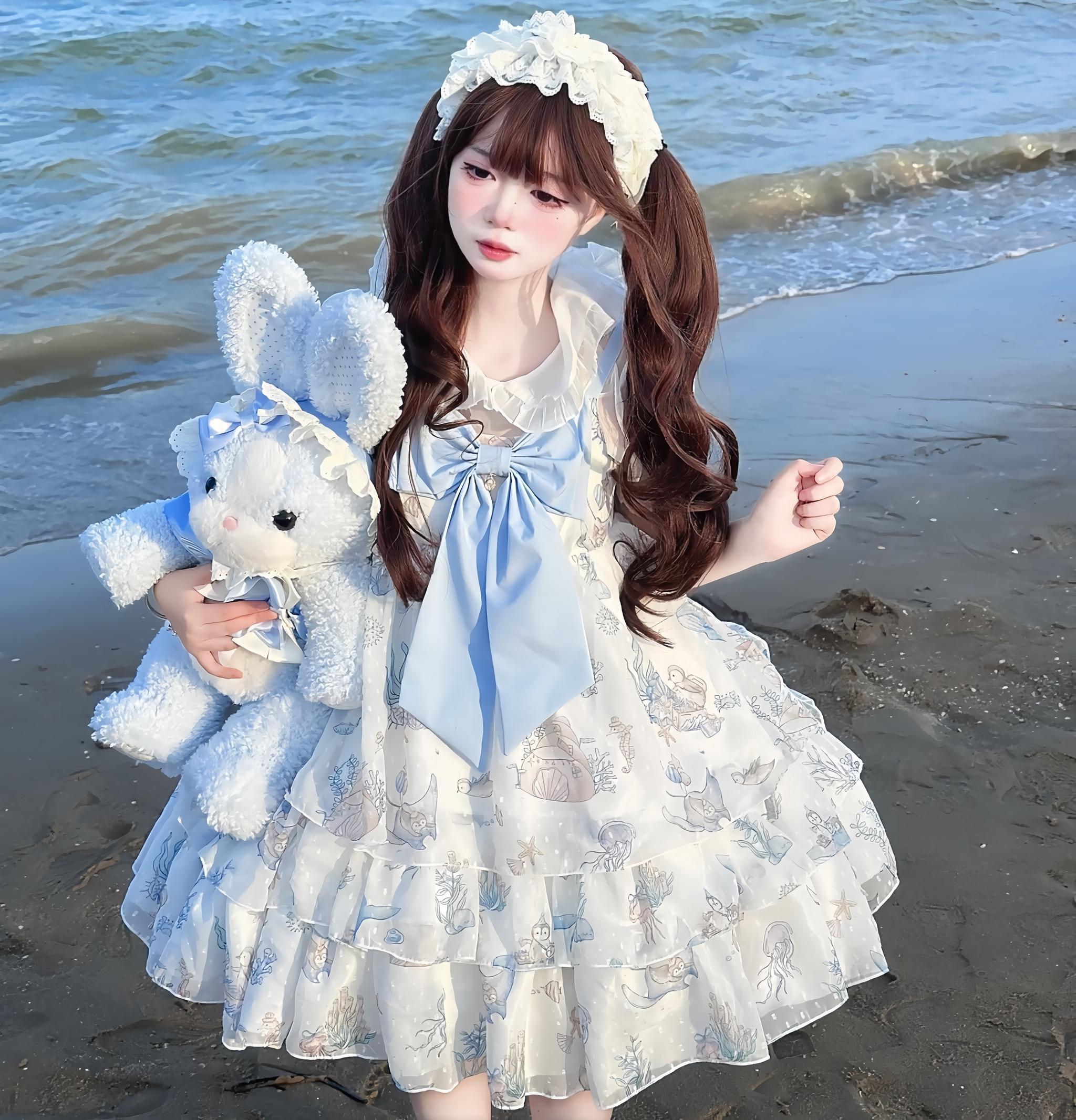 Ocean Sweetheart - Chiffon Sweet Lolita JSK Dress, Whale & Jellyfish Print