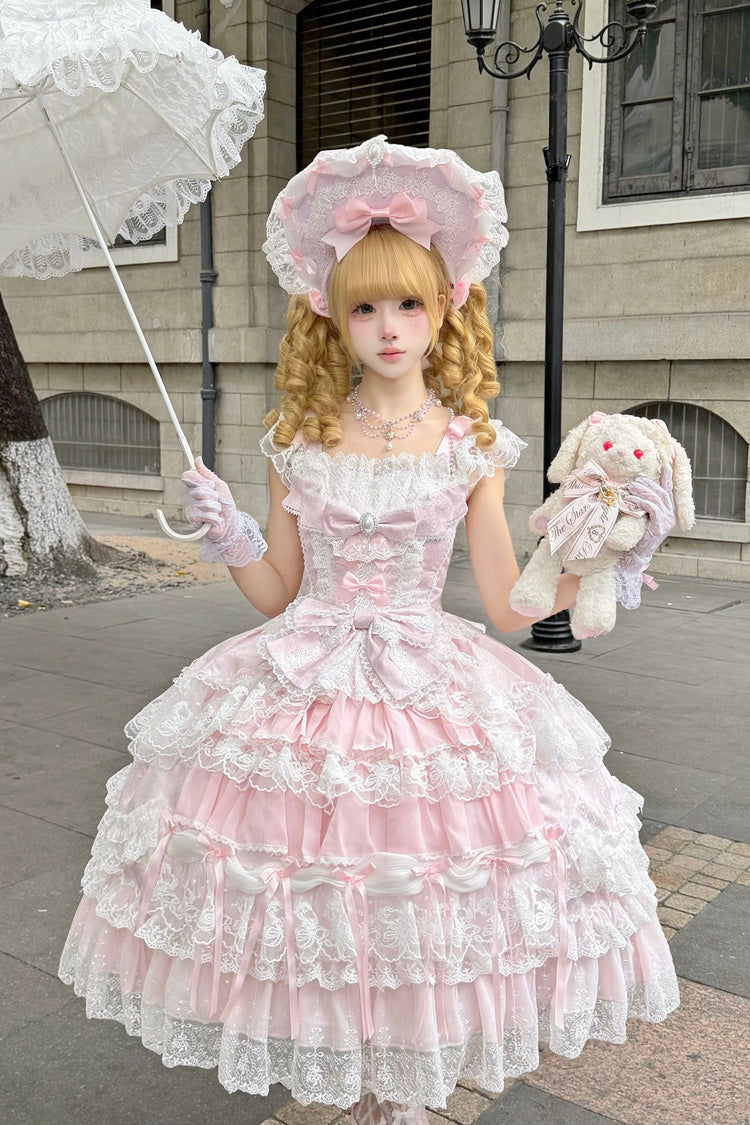 Pink [Eternal Floral Message] Square Collar Sleeveless Multi-Layered Hanayome Embroidered Bow Lace Sweet Lolita Jsk Dress