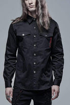 Black Punk Ribbon Decoration Front Metal Skull Button Spliced Men's Shirt