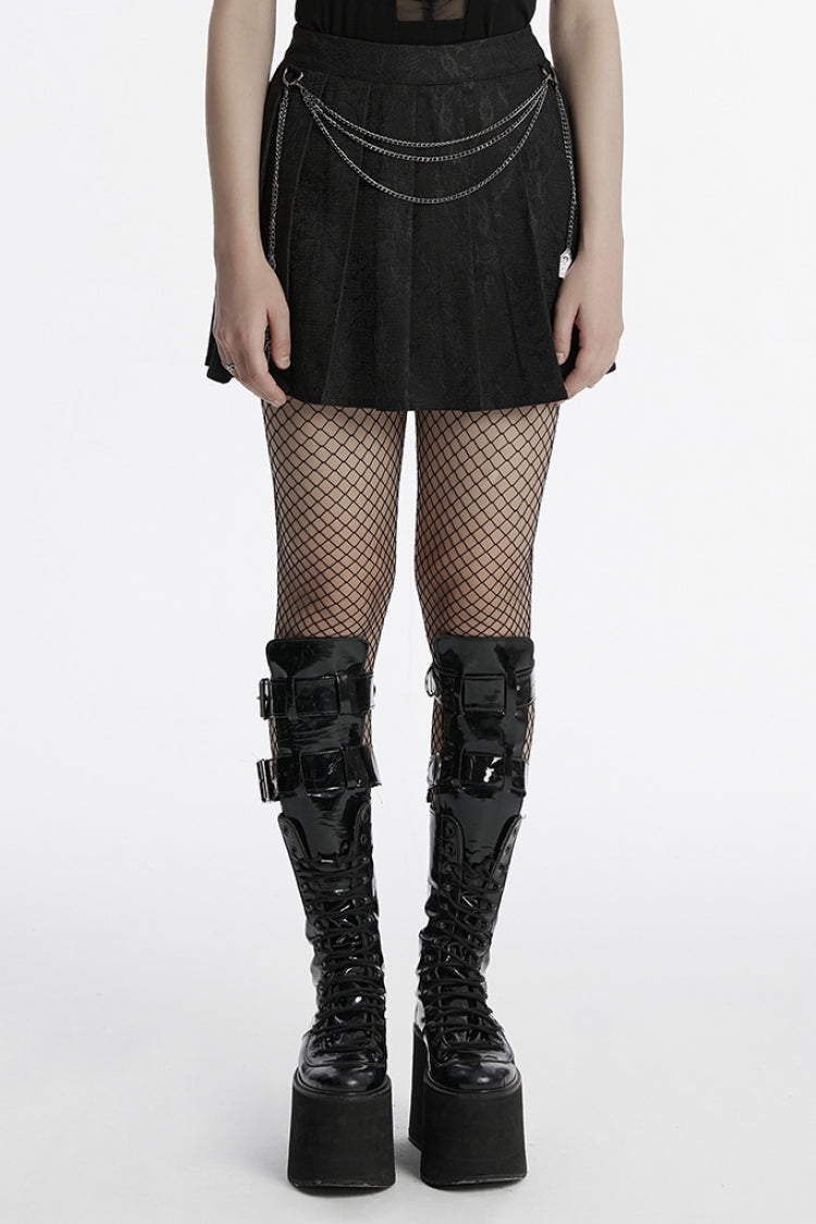 Black Stitching Lace Women's Punk Pleated Skirt with Chain