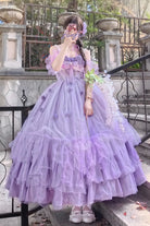 Purple [Wisteria] Sleeveless Multi-Layered Ruffled Hanayome Bow Sweet Plus Size Princess Lolita Dress