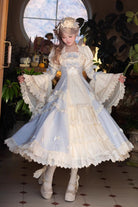 Blue [Letter Paper] Sleeveless Double-Layered Printed Ruffled Open-Front Bow Lace-Up Sweet Lolita Jsk Dress (Long Version)