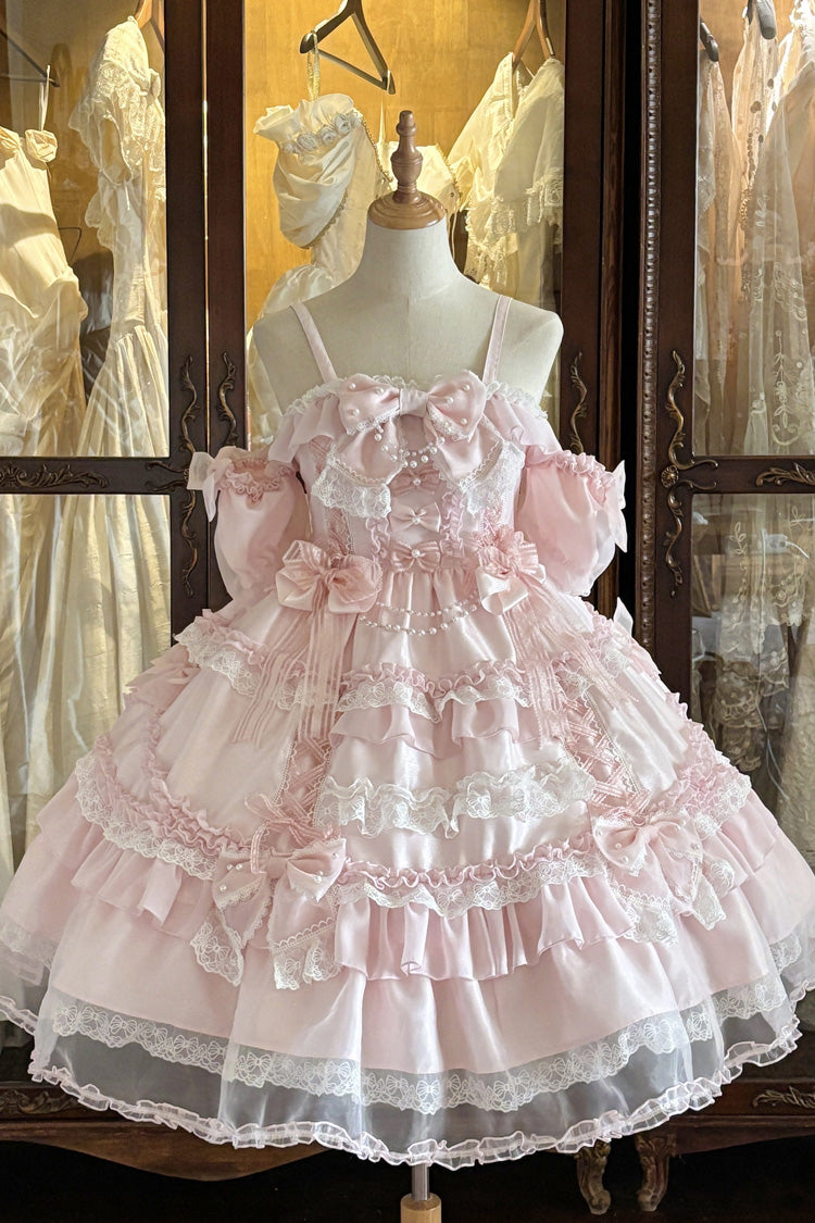 Pink [Spring Cherry Snowfall] Off Shoulder Short Sleeves Multi-Layered Ruffled Bow Sweet Lolita Jsk Dress