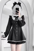 Black Doll Collar Long Sleeves Vertical Striped Printed Ruffled Bow Classic Lolita Dress