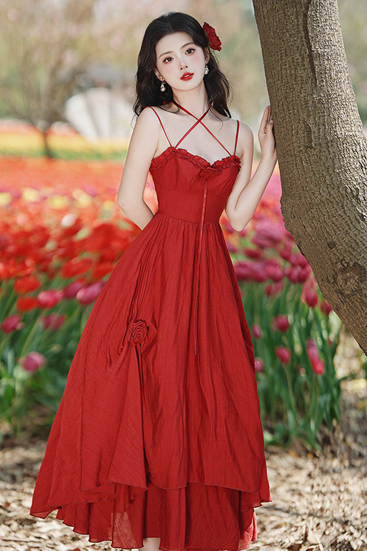 Red Sleeveless Double-Layered Ruffled Rose Classic Lolita Jsk Dress