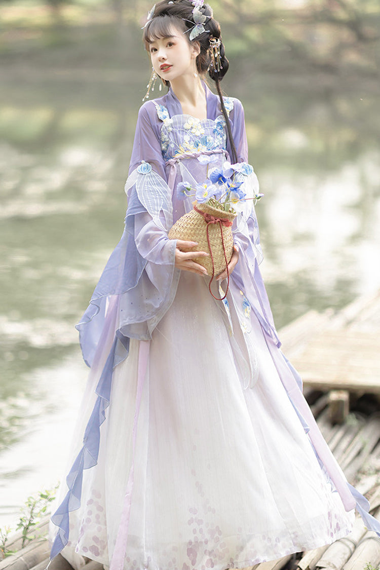 Purple [Princess Of The Sea] Hime Sleeves High Waisted Embroidered Women's Sweet Hanfu Dress Set