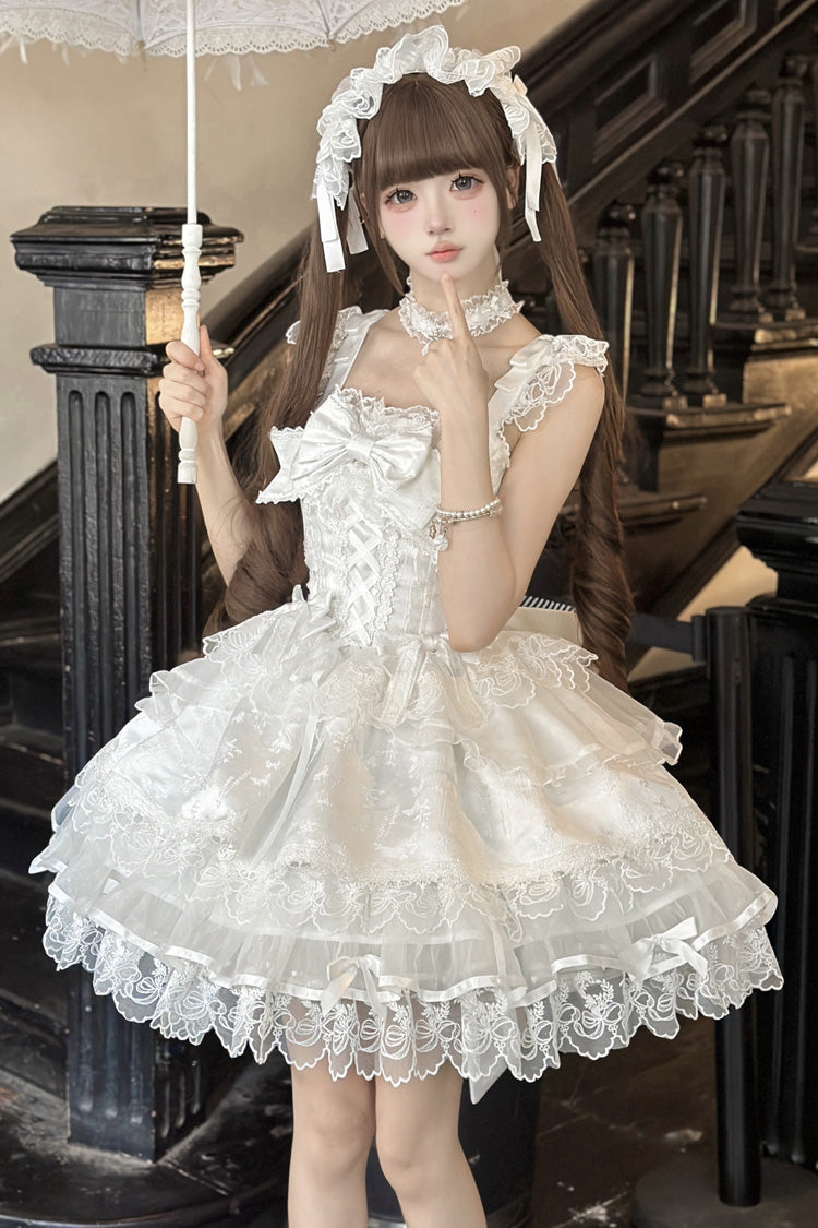 White [Fleishi Island] Sleeveless Ruffle Bowknot Lace Slim Sweet Ballet Lolita Jsk Dress