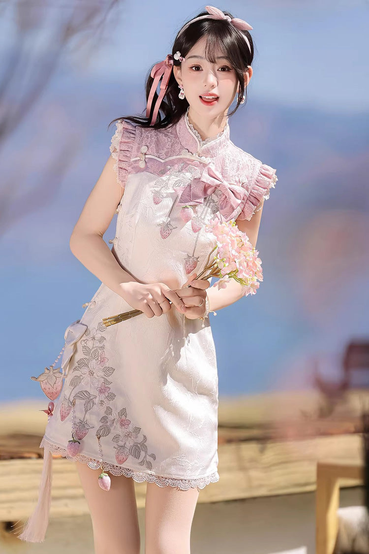 White/Pink [Spring Strawberry] Stand Collar Ruffled Embroidered Lace Color-Blocked Chinese Style Sweet Lolita Dress Cheongsam