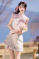 White/Pink [Spring Strawberry] Stand Collar Ruffled Embroidered Lace Color-Blocked Chinese Style Sweet Lolita Dress Cheongsam