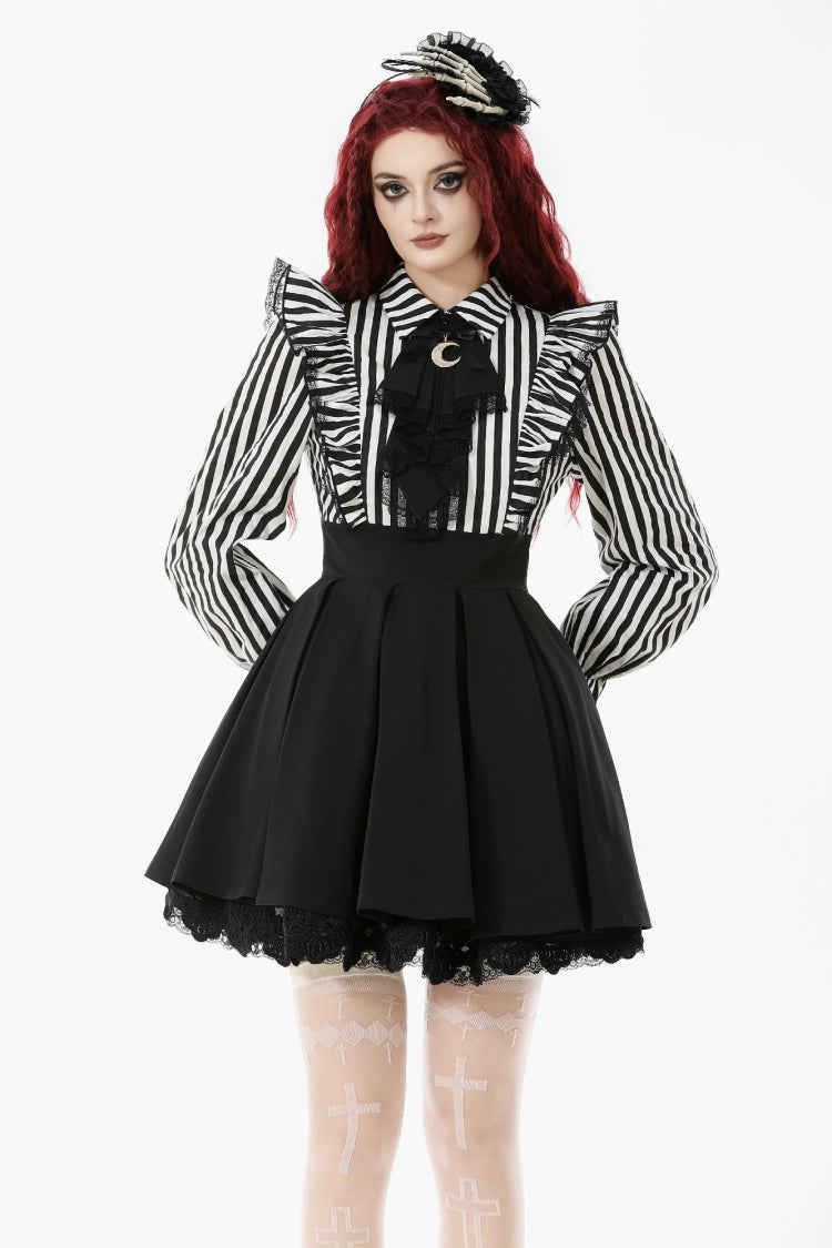 Black/White Striped Lapel Collar Long Sleeves Moon Lace Bow Ruffled Pleated Women's Gothic Dress