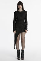 Black Long Sleeves Irregular Hooded Ripped Asymmetric Women's Punk Music Festival Dress