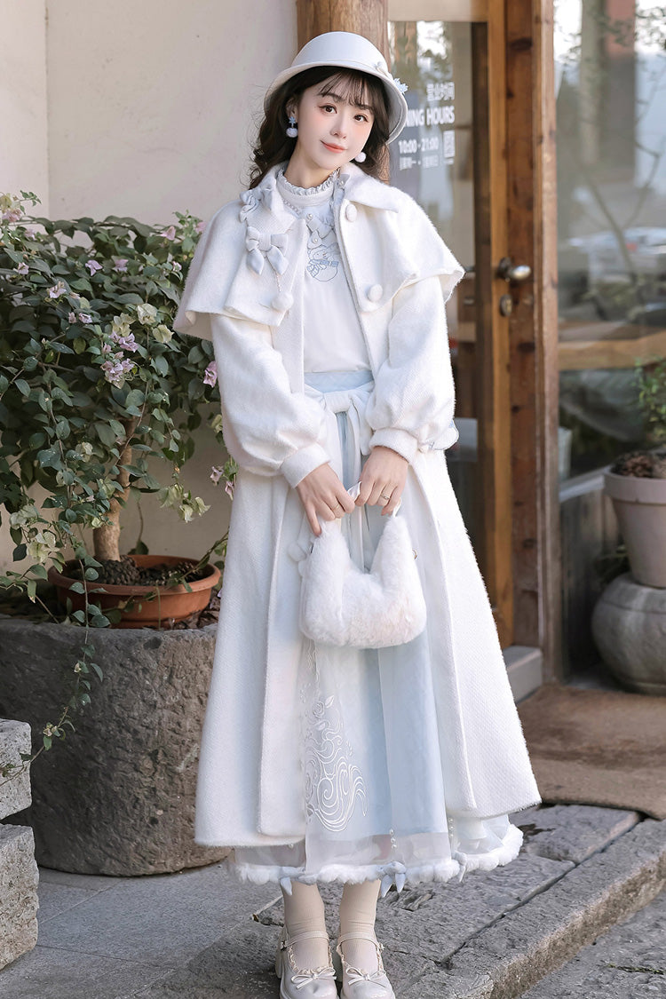 White/Blue [Sunny Sky Snow Doll] Long Sleeves Embroidered Bow Sweet Elegant Lolita Skirt Coat Set