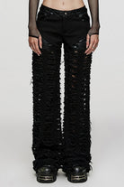 Black Embossed Stitching Mesh Ripped Women's Steampunk Straight Pants