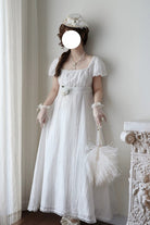 White Square Collar Short Sleeves Jacquard Ruffled Lace Sweet Elegant Lolita Dress