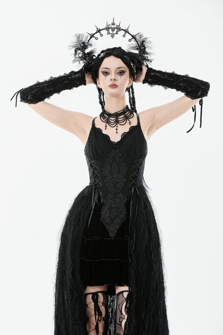 Black Sleeveless Floral Embroidered Lace Lace-Up Women's Gothic Slip Dress Wedding Dress