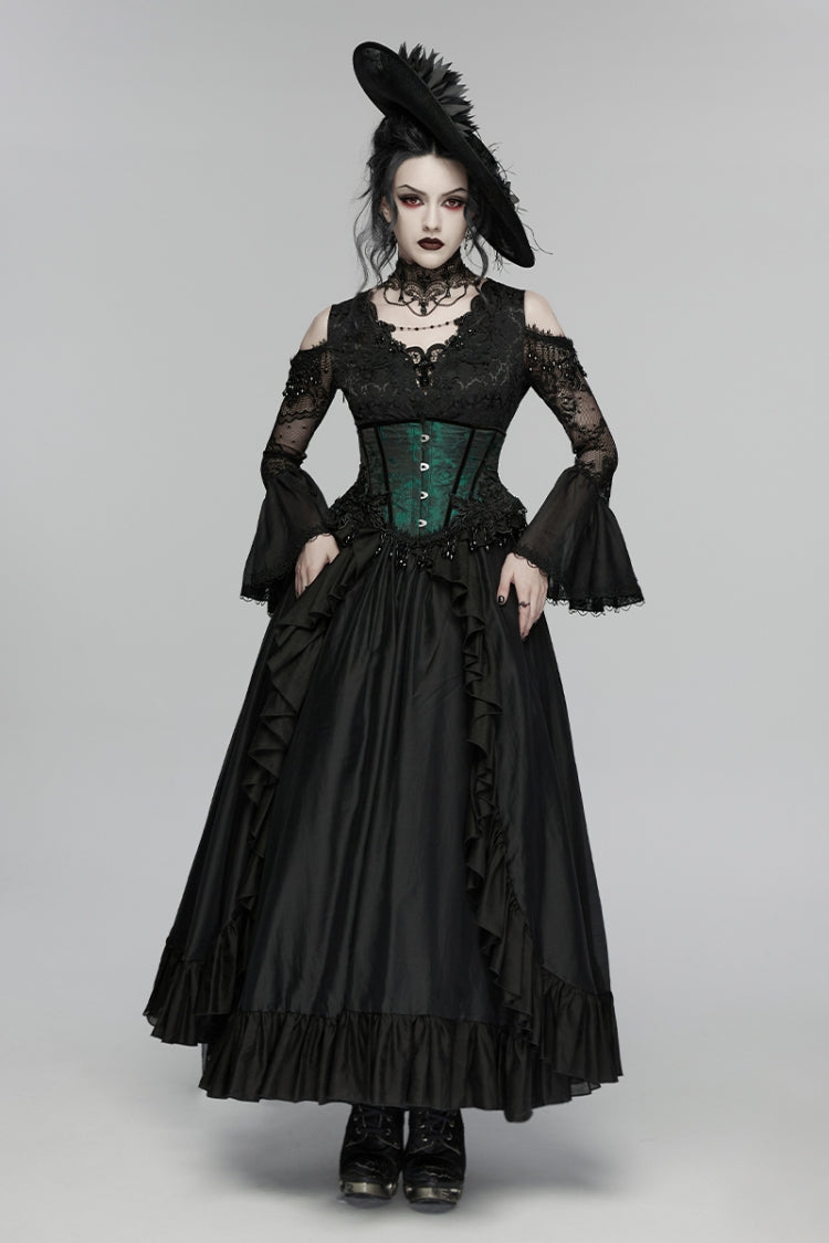 Black V Collar Long Trumpet Sleeves Double-Layered Hanayome Cut-Out Embroidered Lace Lace-Up Pearl-Decorated Pleated Women's Gothic Gorgeous Palace Dress