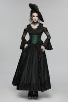 Black V Collar Long Trumpet Sleeves Double-Layered Hanayome Cut-Out Embroidered Lace Lace-Up Pearl-Decorated Pleated Women's Gothic Gorgeous Palace Dress