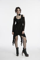 Black Off Shoulder Long Sleeves Spliced Irregular Mesh Pleated Eyelet Women's Gothic Witch Dress