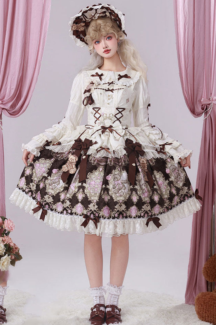 Brown [Antique Teddy Bear] Sleeveless Printed Bow Lace Sweet Elegant Lolita Jsk Dress