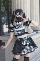 [Night Rabbit Dream] Short Sleeves Plaid Printed Ruffled Open-Front Bow Lace-Up Sweet Jirai Kei Japanese Skirt Set