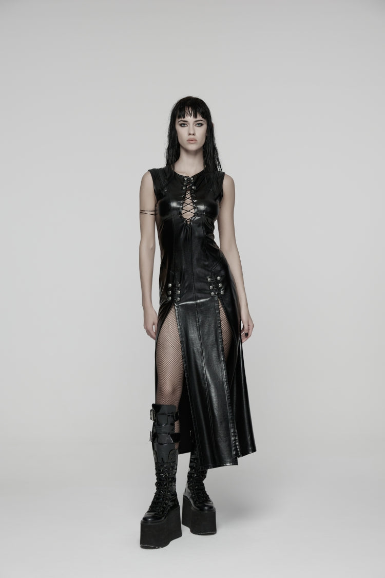 Black Sleeveless Split Lace-Up Slim Women's Punk Dress