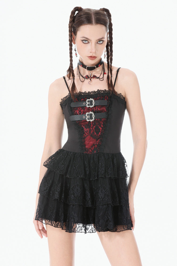 Black/Red Sleeveless Multi-Layered Lace Lace-Up Women's Grunge Cake Slip Dress Graduation Dress