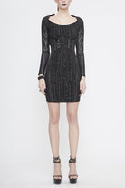 Black Punk Long Sleeve Circuit Board Print Waist Rope Womens Dress